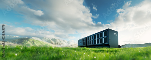 Advanced carbon capture system in a green landscape, demonstrating innovation in renewable energy and environmental sustainability through technology.