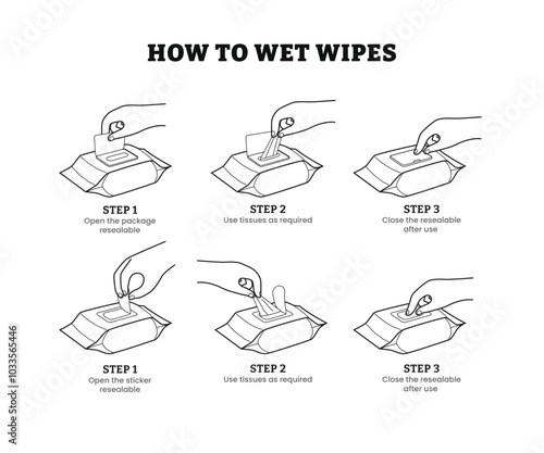 How to use wet wipes step by step instruction infographic poster design, with Male hand taking hygiene tissue napkin cosmetic facial makeup sanitary baby antibacterial hygienic pack illustration.