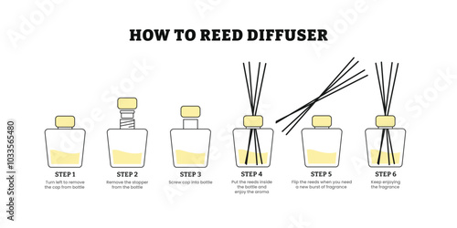 How to reed diffuser step by step instruction infographic poster design, how to use essential aroma oil diffuser with sticks for home fragrance. Perfume air freshener steps , vector illustration.