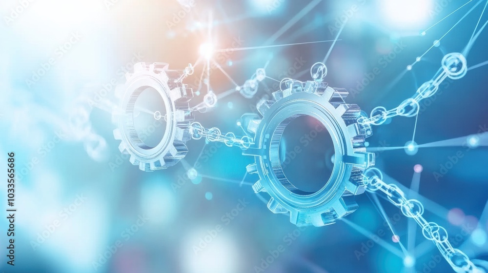 Close-up of interconnected gears and chains, symbolizing innovation, technology, and industrial progress in a modern digital environment. Close-up of interconnected gears and chains, symbolizing innovation, technology, and industrial progress in a modern digital environment.