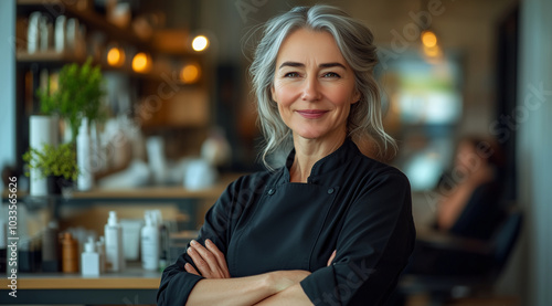 Portrait of a beautiful middle-aged woman, a hairdresser in a salon, with a smile on her face and a confident expression, her arms crossed as she looks at the camera. She is standi photo