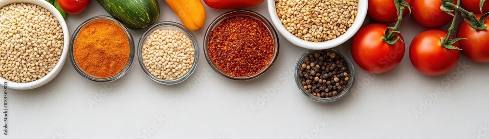 An organized array of fresh and dried ingredients, featuring tomatoes, spices, grains, and vegetables, displayed on a bright countertop An organized array of fresh and dried ingredients, featuring tomatoes, spices, grains, and vegetables, displayed on a bright countertop