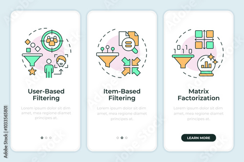 Collaborative filtering types onboarding mobile app screen. Walkthrough 3 steps editable graphic instructions with linear concepts. UI, UX, GUI template. Montserrat SemiBold, Regular fonts used