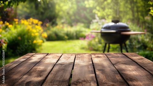 Garden barbecue setup with wooden table, vibrant flowers, and grill in background