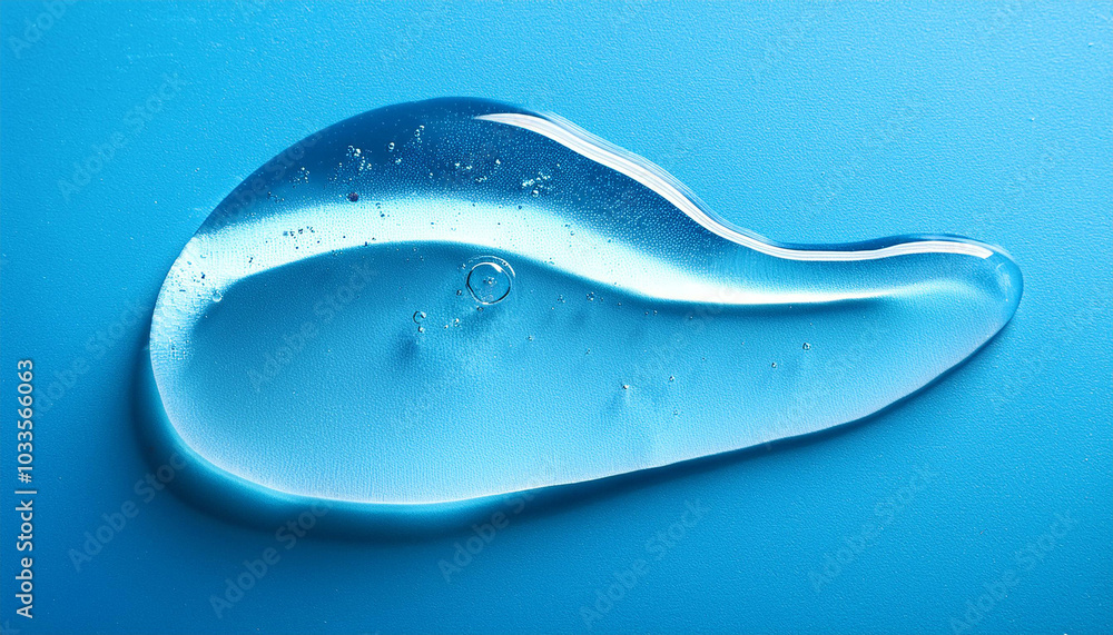 Obraz premium Transparent gel smear, drop. Liquid cream gel cosmetic smudge texture on blue background. Cosmetics serum gel, hyaluronic acid cream background, facial treatment.
