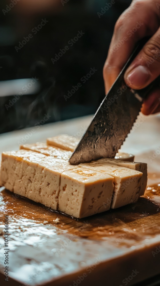 Fresh Tofu Being Sliced for Culinary Preparation Fresh Tofu Being Sliced for Culinary Preparation