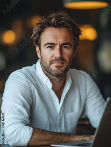 A man in his thirties with brown hair and a short beard, wearing a white shirt, is sitting at a table working on a notebook. He is looking into the camera, with an office backgr