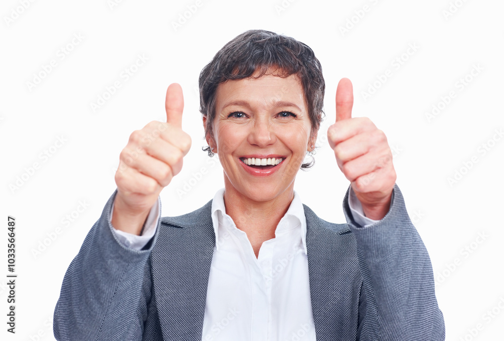 Excited, thumbs up and portrait of business woman with emoji for success, win or laugh. Face, mature manager and like hand gesture for celebration, victory or goal on white studio background in USA Excited, thumbs up and portrait of business woman with emoji for success, win or laugh. Face, mature manager and like hand gesture for celebration, victory or goal on white studio background in USA
