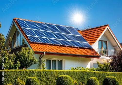 A beautiful house featuring solar panels installed on its roof photo