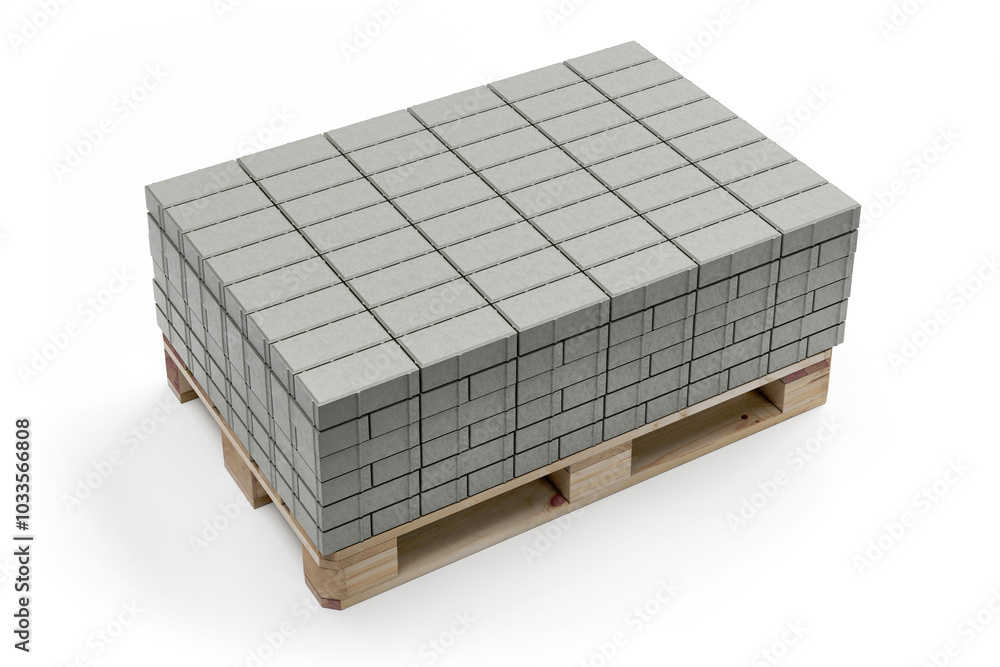 Stack of grey concrete pavement bricks placed on pallet - 3d rendering
