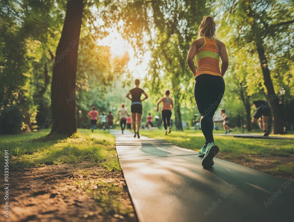 Group jogging in a sunny park, staying fit and healthy with outdoor exercise and fresh air. Group jogging in a sunny park, staying fit and healthy with outdoor exercise and fresh air.