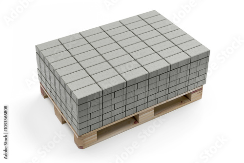 Obraz na płótnie Stack of grey concrete pavement bricks placed on pallet - 3d rendering w salonie