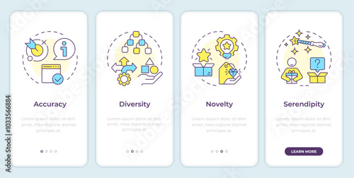 Recommender system metrics onboarding mobile app screen. Walkthrough 4 steps editable graphic instructions with linear concepts. UI, UX, GUI template. Montserrat SemiBold, Regular fonts used