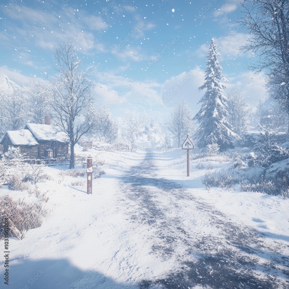Naklejka premium A serene winter landscape with a snowy path and a cozy cabin.