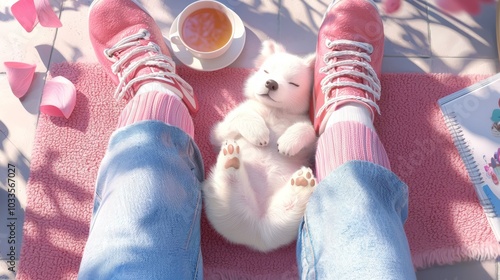 A dog snuggled up on its owner's legs, sharing a peaceful moment while the owner reads and enjoys a cup of tea. photo