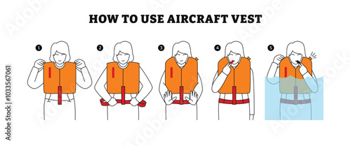 How to aircraft vest or airplane life jacket step by step instruction infographic poster design, stewardess explain how to use life vest in danger situation, flight attendant. Vector illustration.