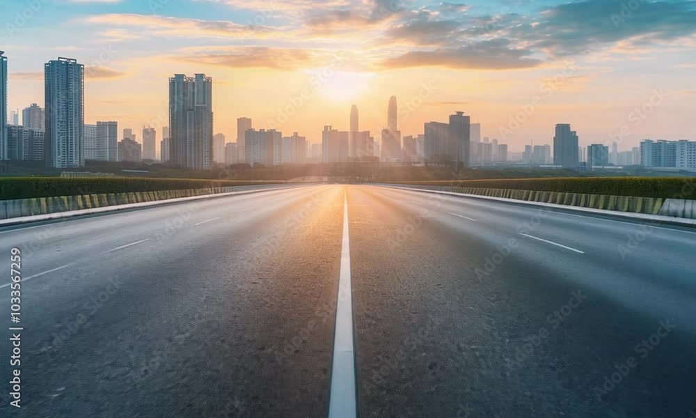 A straight, empty road leading towards a skyline of skyscrapers and the sun setting in the distance. A straight, empty road leading towards a skyline of skyscrapers and the sun setting in the distance.
