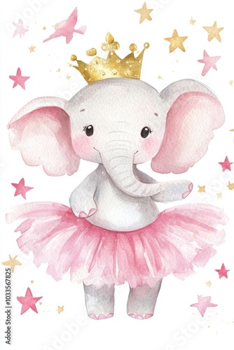 A delightful baby elephant princess twirling in a pink tutu with a crown surrounded by sparkling stars. Generative AI