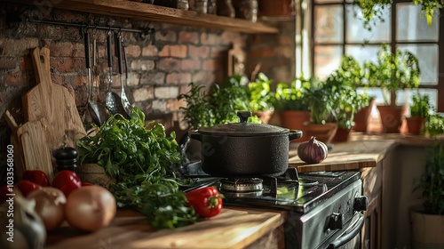 Cozy Kitchen with Simmering Cast Iron Pot