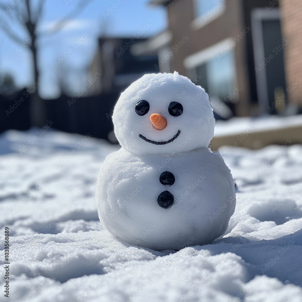 A cheerful snowman with a smile, made of snow in a winter landscape. A cheerful snowman with a smile, made of snow in a winter landscape.