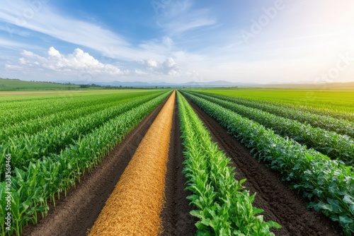 Vibrant agricultural landscape showcasing lush green fields and a clear blue sky, highlighting the beauty of rural farming.