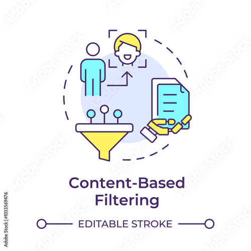 Content-based filtering multi color concept icon. Personalized advertising. Data control. Round shape line illustration. Abstract idea. Graphic design. Easy to use article, blog post