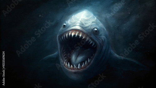 Creepy shark monster with wide open mouth and sharp teeth, smiling playfully in the blue sea photo