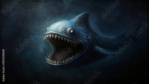 Creepy shark monster with wide open mouth and sharp teeth, smiling playfully in the blue sea