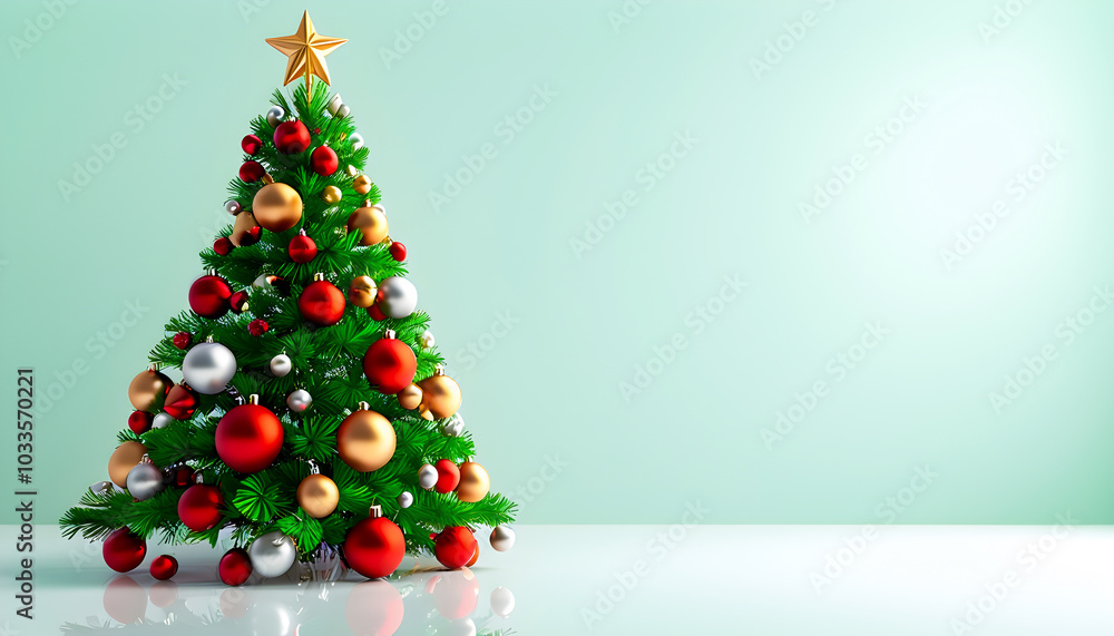 Elegant Christmas tree with vibrant ornaments and golden star, designed for festive leaflet banner featuring ample copy space on a bright, colorful background Elegant Christmas tree with vibrant ornaments and golden star, designed for festive leaflet banner featuring ample copy space on a bright, colorful background