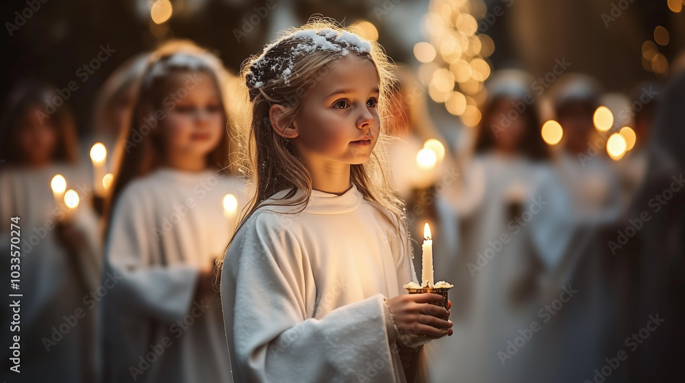 A joyful procession of children in white robes holding glowing candles, walking through softly falling snow in a serene Santa Lucia festival, surrounded by snow-covered trees and twinkling lights. A joyful procession of children in white robes holding glowing candles, walking through softly falling snow in a serene Santa Lucia festival, surrounded by snow-covered trees and twinkling lights.