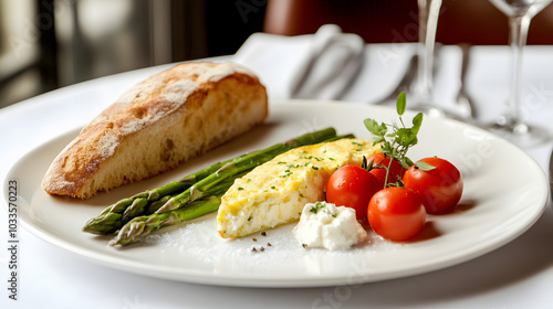 A Stunning Presentation of Asparagus and Goat Cheese Frittata with Artisan Sourdough in Morning Light, Perfect for a Cozy Brunch photo