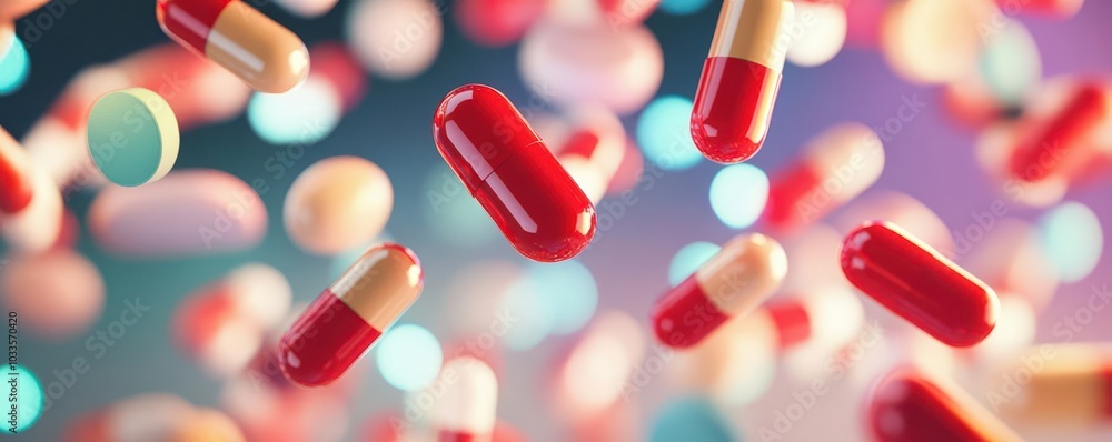 Bright red and multicolored pills suspended in the air, illuminated by soft lighting, perfect for medical and healthcare concepts Bright red and multicolored pills suspended in the air, illuminated by soft lighting, perfect for medical and healthcare concepts