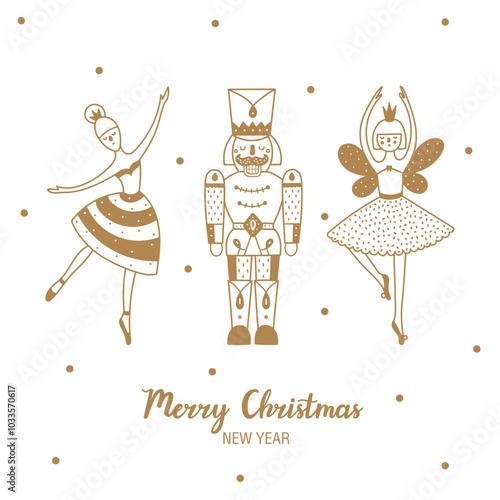Nutcracker. Cute Christmas greeting card. Christmas gold illustration.