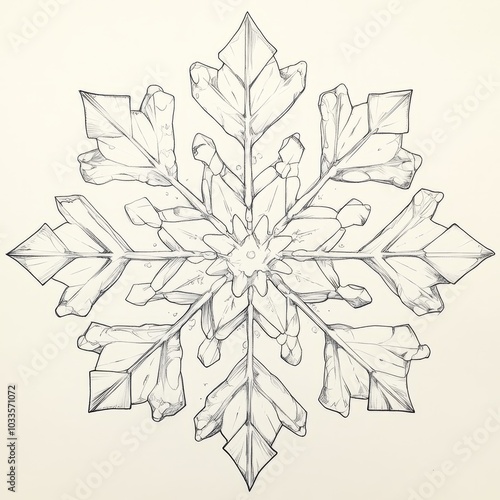 A detailed illustration of a snowflake with leaf-like patterns.