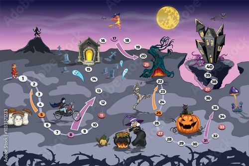 Halloween board game. Cartoon puzzle with witch, vampire amd mummy. Children maze with spooky characters. Funny adventure in isometric view