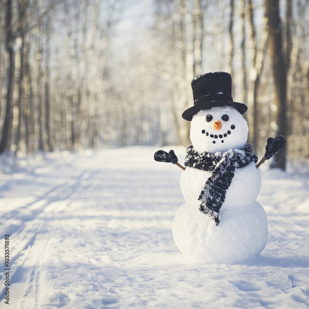 Obraz premium A cheerful snowman stands in a snowy landscape, surrounded by trees.
