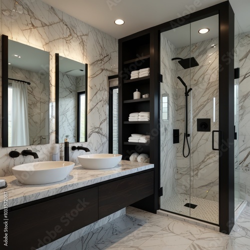 Modern bathroom with marble walls, double sinks, and a glass shower enclosure. photo