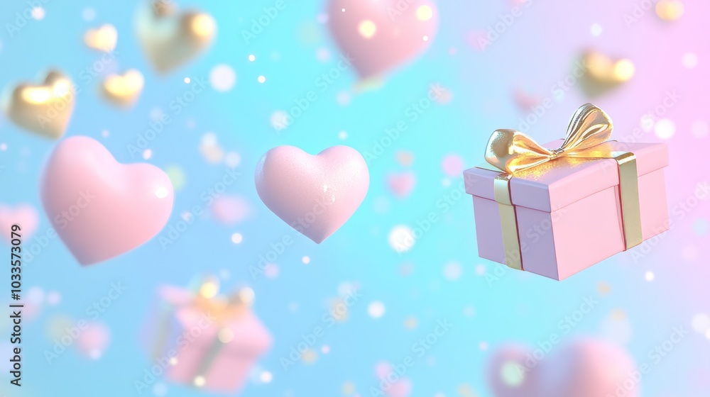 Red boxes with golden ribbons and bows with a golden heart fill the air. Red boxes with golden ribbons and bows with a golden heart fill the air.