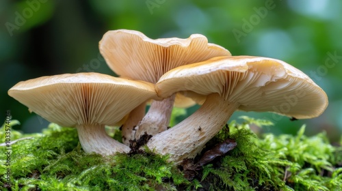 Wild mushrooms on mossy forest floor - nature's tranquil beauty for eco-themed designs