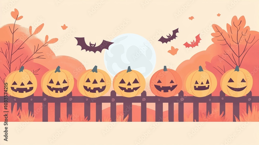 Spooky Halloween Pumpkin Fence: A row of grinning jack-o'-lanterns peek over a wooden fence, bathed in the eerie glow of a full moon. Bats flit through the autumn night. Spooky Halloween Pumpkin Fence: A row of grinning jack-o'-lanterns peek over a wooden fence, bathed in the eerie glow of a full moon. Bats flit through the autumn night.