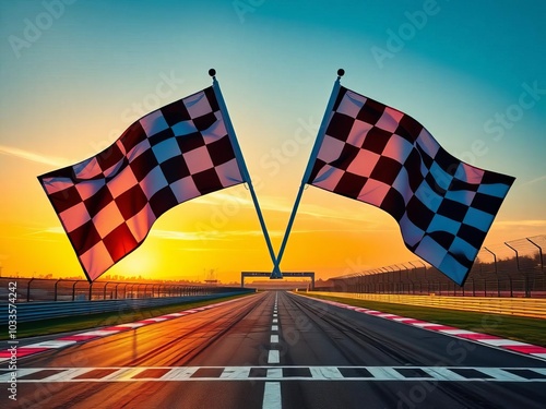 Two checkered flags are flying in the air above a race track