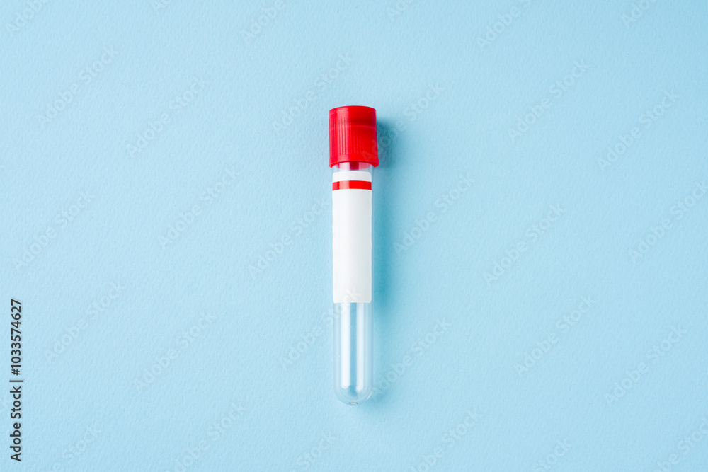 Top view of test tube with red cap on blue background Top view of test tube with red cap on blue background