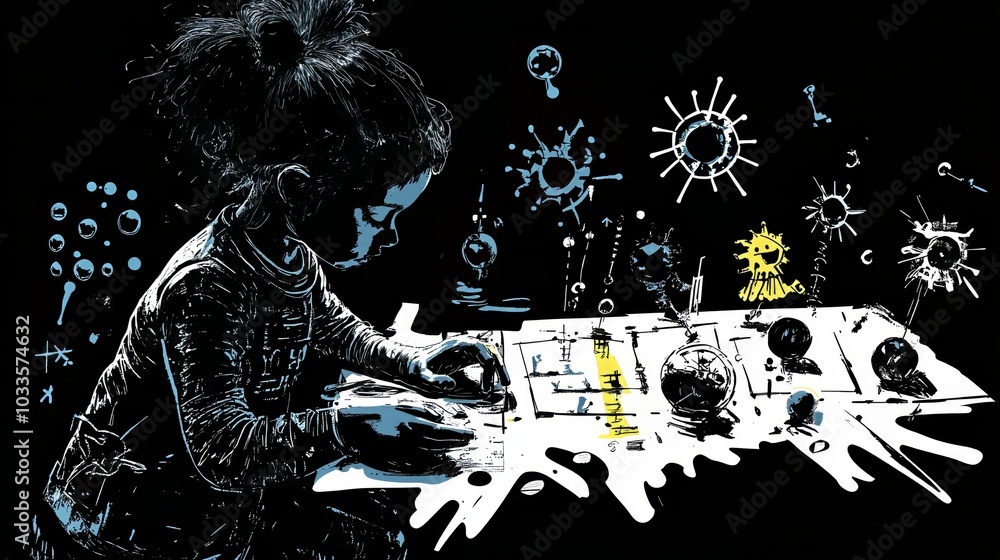Obraz premium A vibrant illustration of a child in a dark room, working intently at a table illuminated by a single light. The child is surrounded by various scientific symbols and abstract shapes.