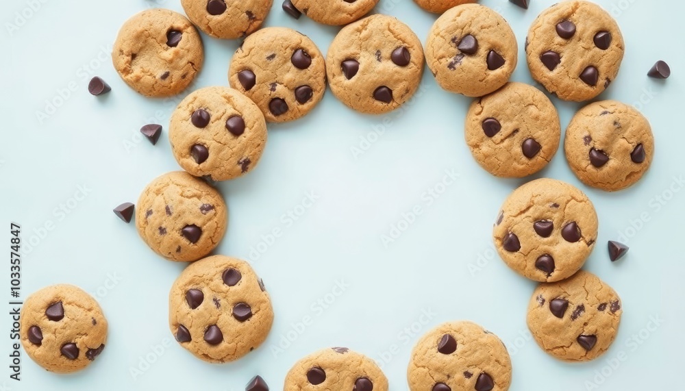 Freshly Baked Chocolate Chip Cookies on Light Surface Freshly Baked Chocolate Chip Cookies on Light Surface