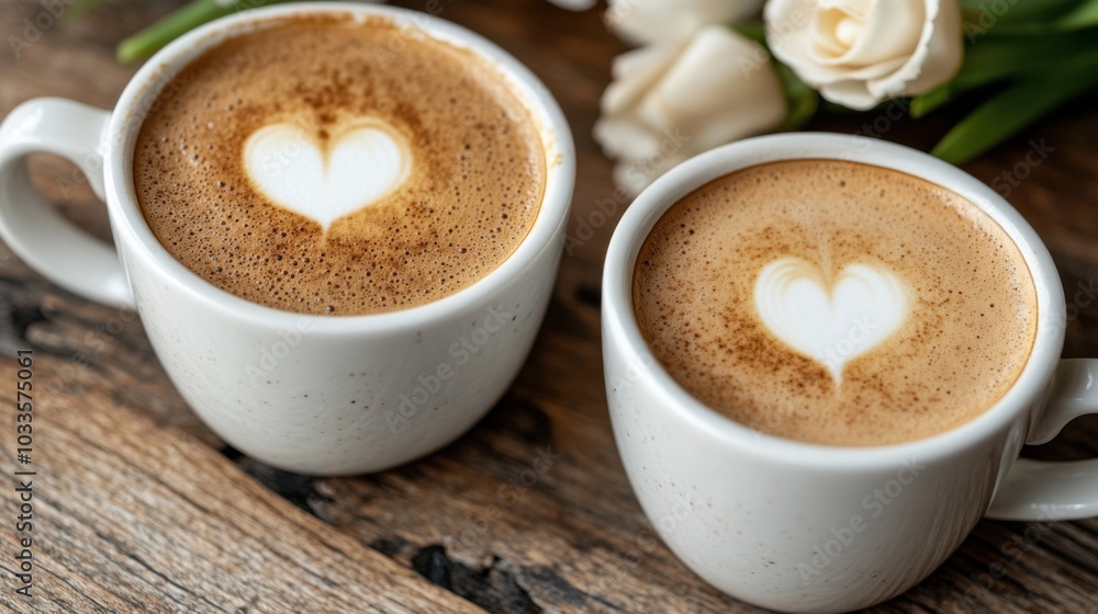 Romantic coffee break with heart latte art for spring café decor Romantic coffee break with heart latte art for spring café decor