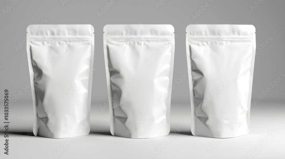Three blank white stand-up pouches on a gray background Three blank white stand-up pouches on a gray background