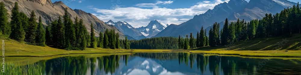A beautiful mountain landscape with a lake in the foreground. The lake is surrounded by trees and mountains, creating a serene and peaceful atmosphere. The reflection of the trees A beautiful mountain landscape with a lake in the foreground. The lake is surrounded by trees and mountains, creating a serene and peaceful atmosphere. The reflection of the trees