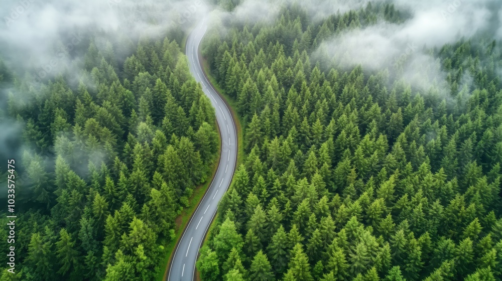 Winding road through lush green forest, misty atmosphere, aerial view Winding road through lush green forest, misty atmosphere, aerial view