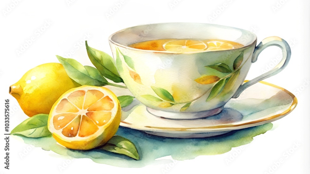 Watercolor of lemon tea in a cup with lemon halves and green leaves in soft colors, on a white background Watercolor of lemon tea in a cup with lemon halves and green leaves in soft colors, on a white background