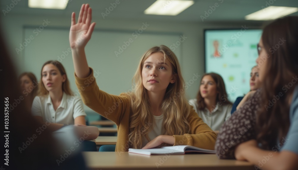 A young student sitting at her desk raises her hand in a classroom, actively participating in the lesson. The image conveys education, learning, and engagement. A young student sitting at her desk raises her hand in a classroom, actively participating in the lesson. The image conveys education, learning, and engagement.